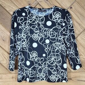 Cactus Flower Abstract Swirl Print Top Womens Size Medium ? Glitter Black White
